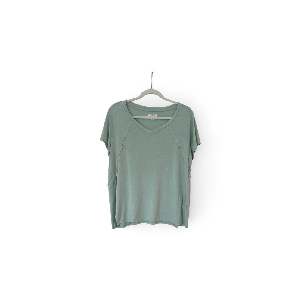 Mud Pie Women Sage Green V-Neck Raw Edge Seam Short Sleeve Tee Shirt Small
